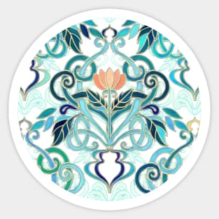 Ocean Aqua Art Nouveau Pattern with Peach Flowers Sticker